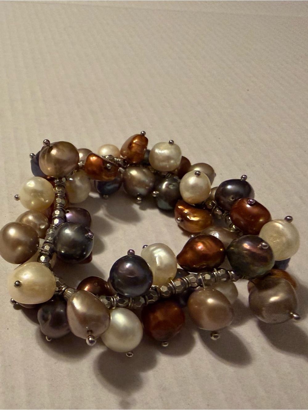 2-Multi-Row Baroque Pearl Stretch Bracelet in Cream, Bronze, Gray and Copper